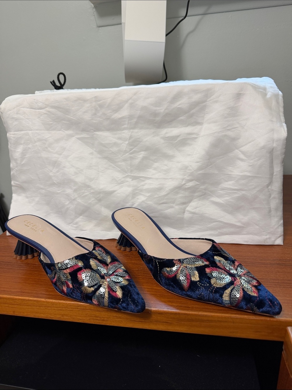 CECILIA NEW YORK Navy Embroidered Sequin Pointed Toe Mules